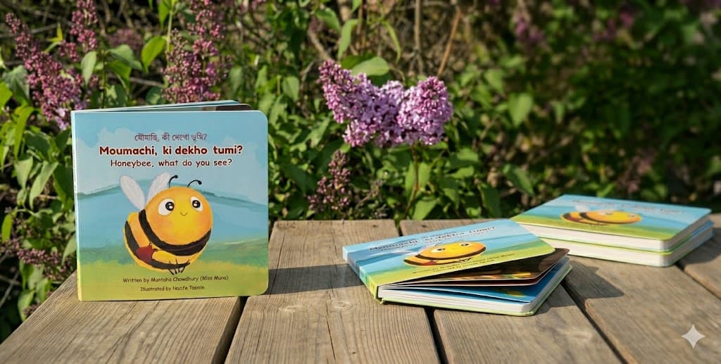 Moumachi board books on a sunlit wooden deck